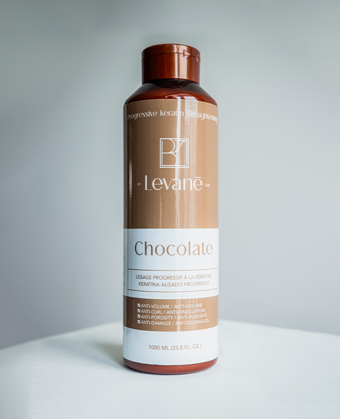 Levane Chocolate hair product bottle on a gray background
