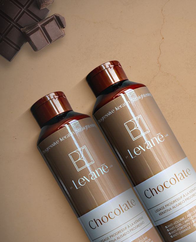 Two bottles of Levane Chocolate hair product on a beige background with a chocolate bar.