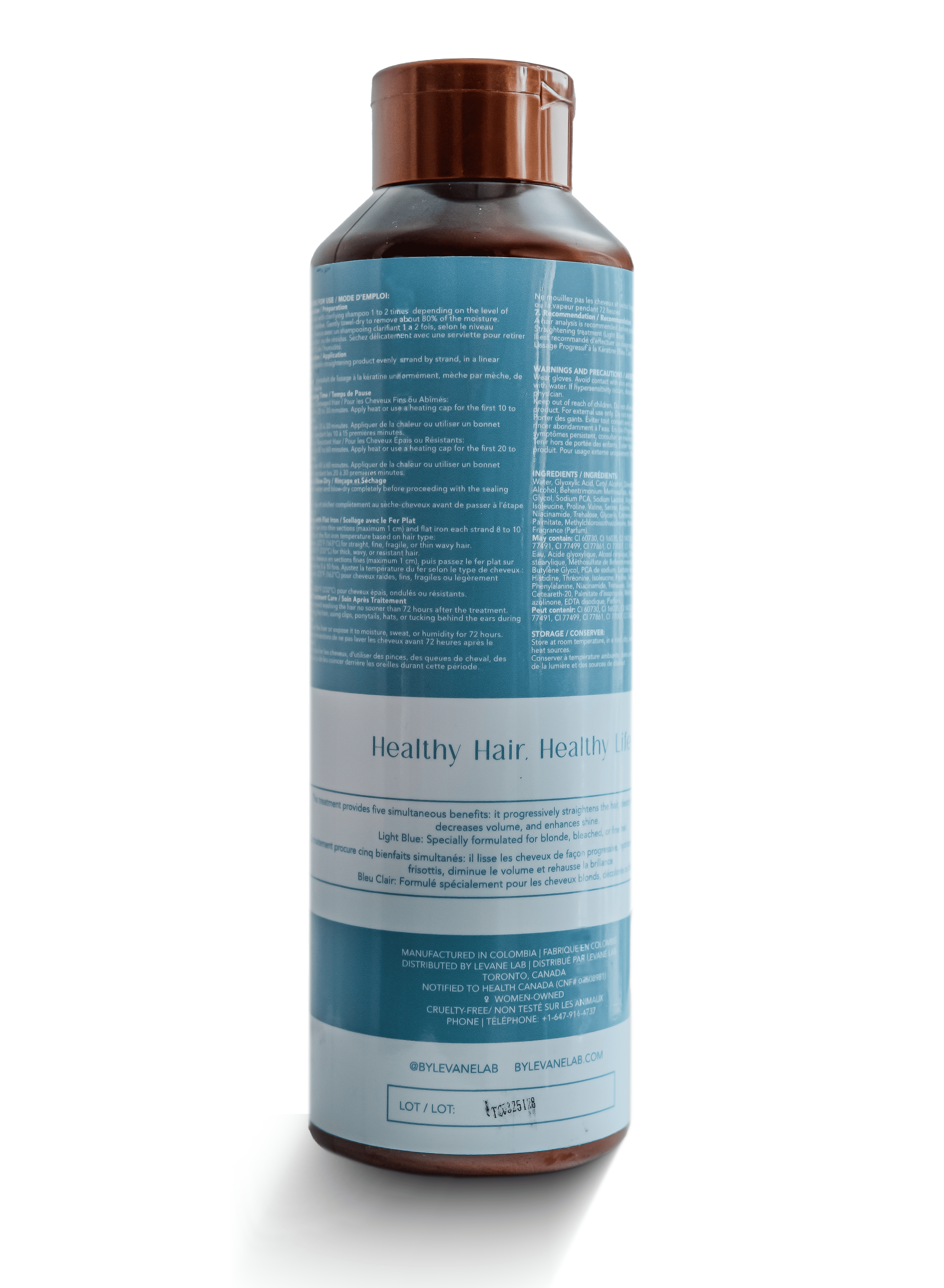 Light Blue bottle with blue label on a white background