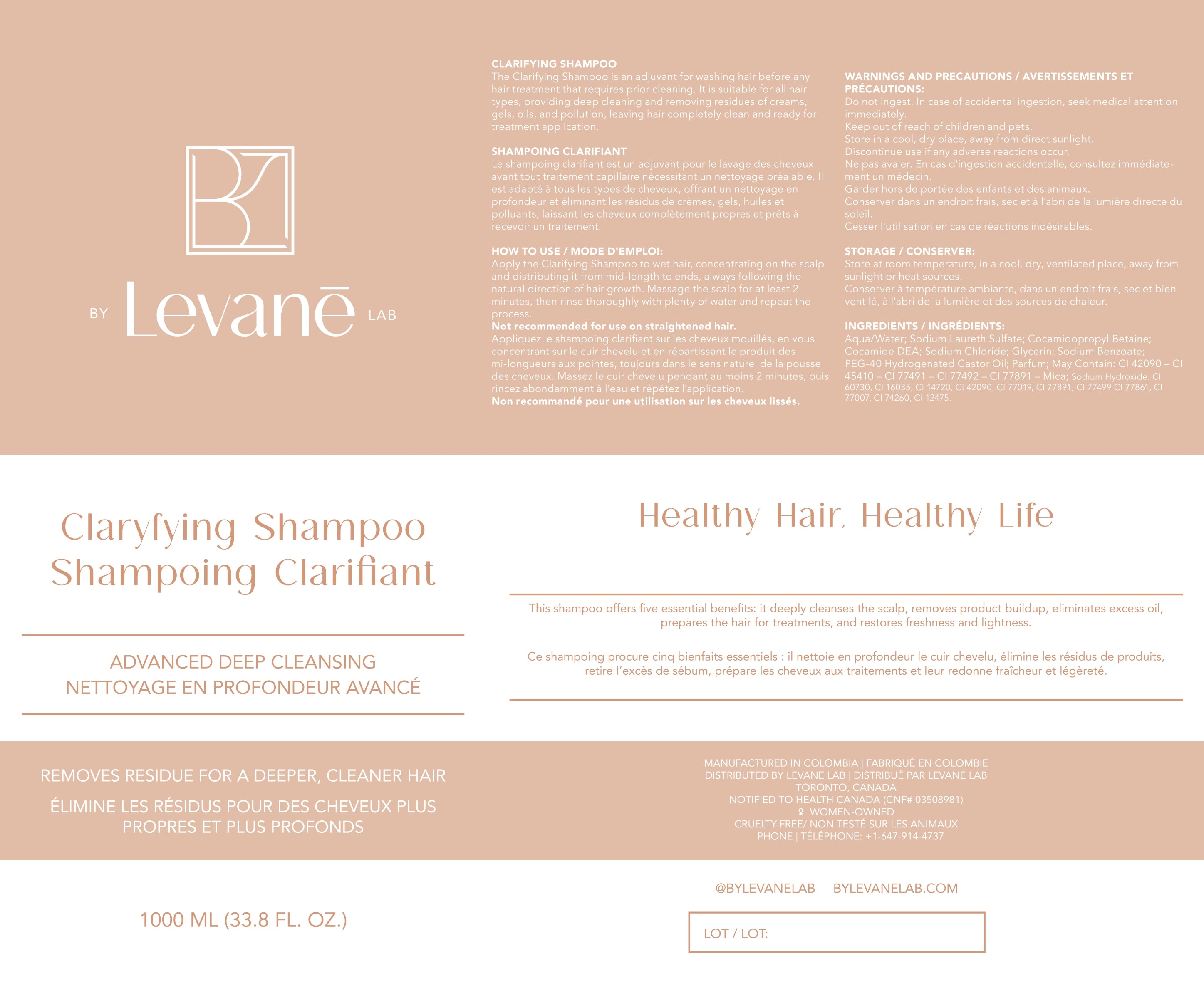 Product label for Levène Lab Clarifying Shampoo with text and branding.