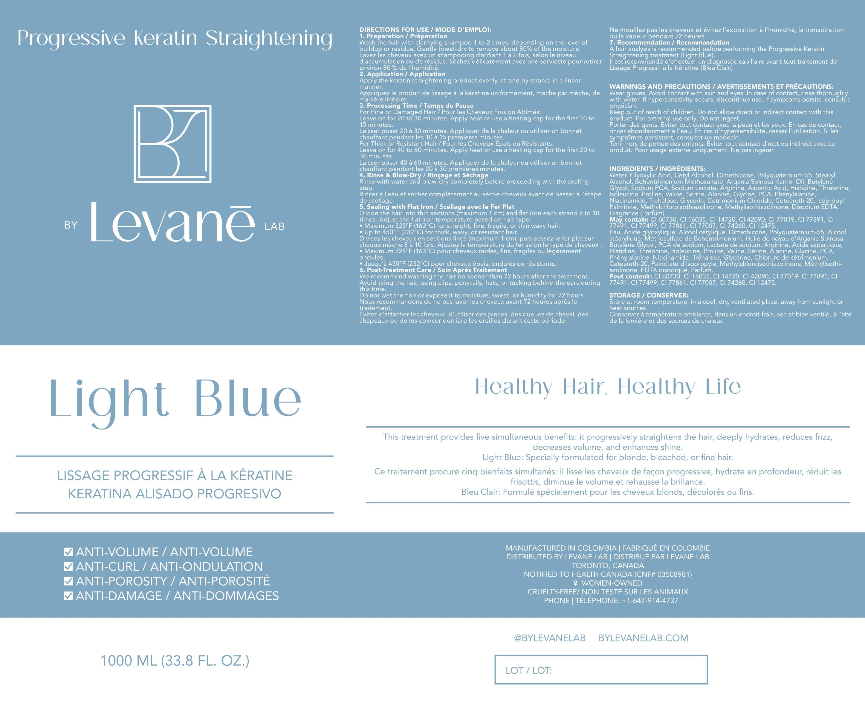 Keratin Light Blue hair care product label.