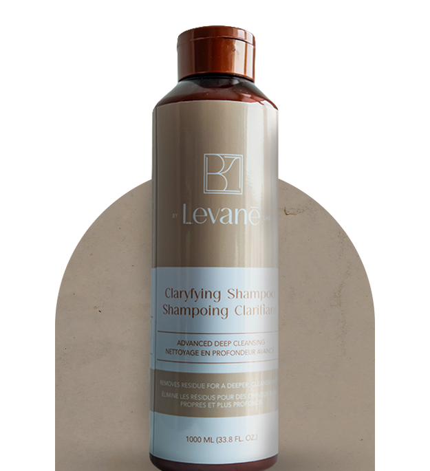 Levane clarifying shampoo bottle on a gray background