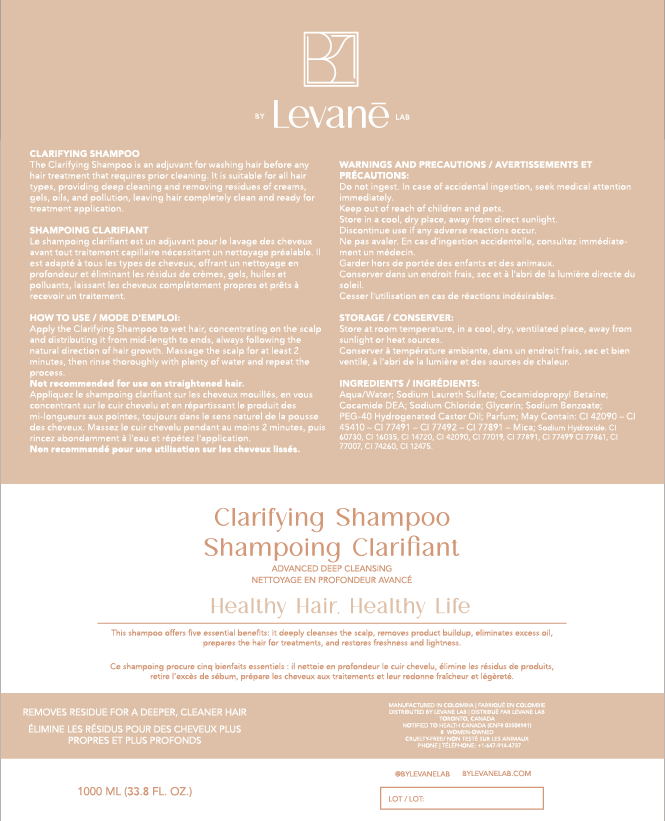 Product label for Levane Clarifying Shampoo with text and branding.