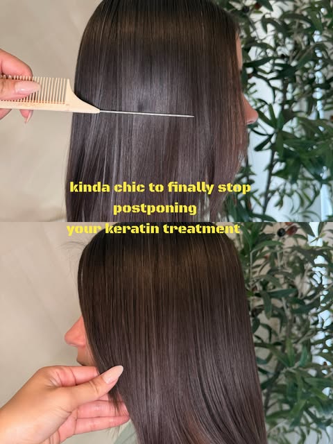 Sleek dark hair being combed — keratin treatment before and after