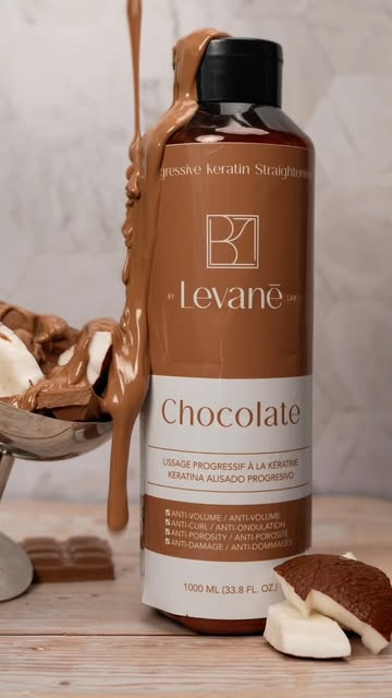 Chocolate keratin treatment bottle dripping with melted chocolate